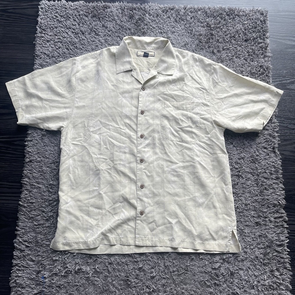 Tommy Bahama Shirt Mens Large Green Yellow Silk Palm Tree Aloha Hawaiian Casual